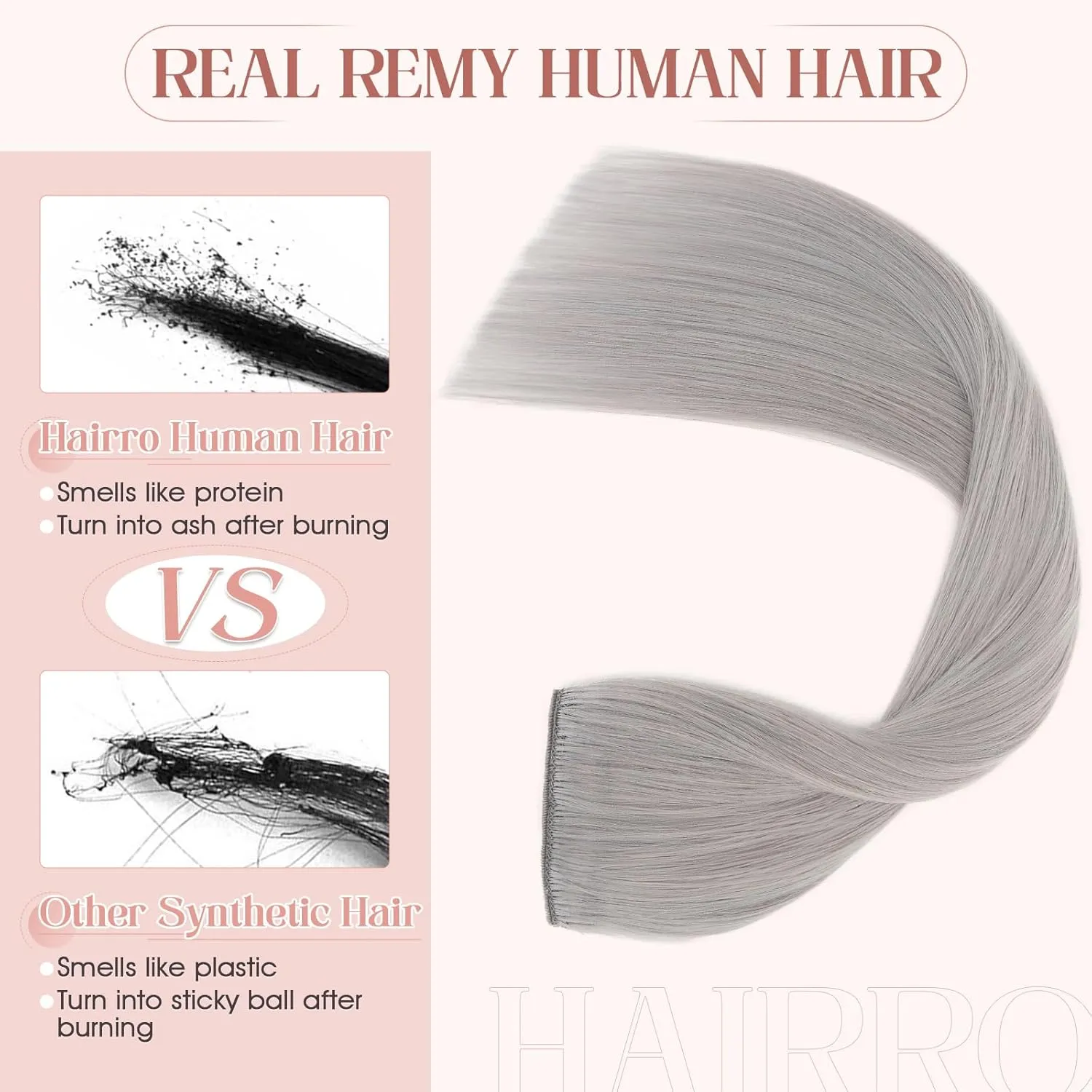 Hairro Clip in Hair Extensions Real Human Hair, 8 Inch 40g Standard Weft Invisible Clips on Hairpieces Soft Silky Straight Hair for Women Adding Length, Grey