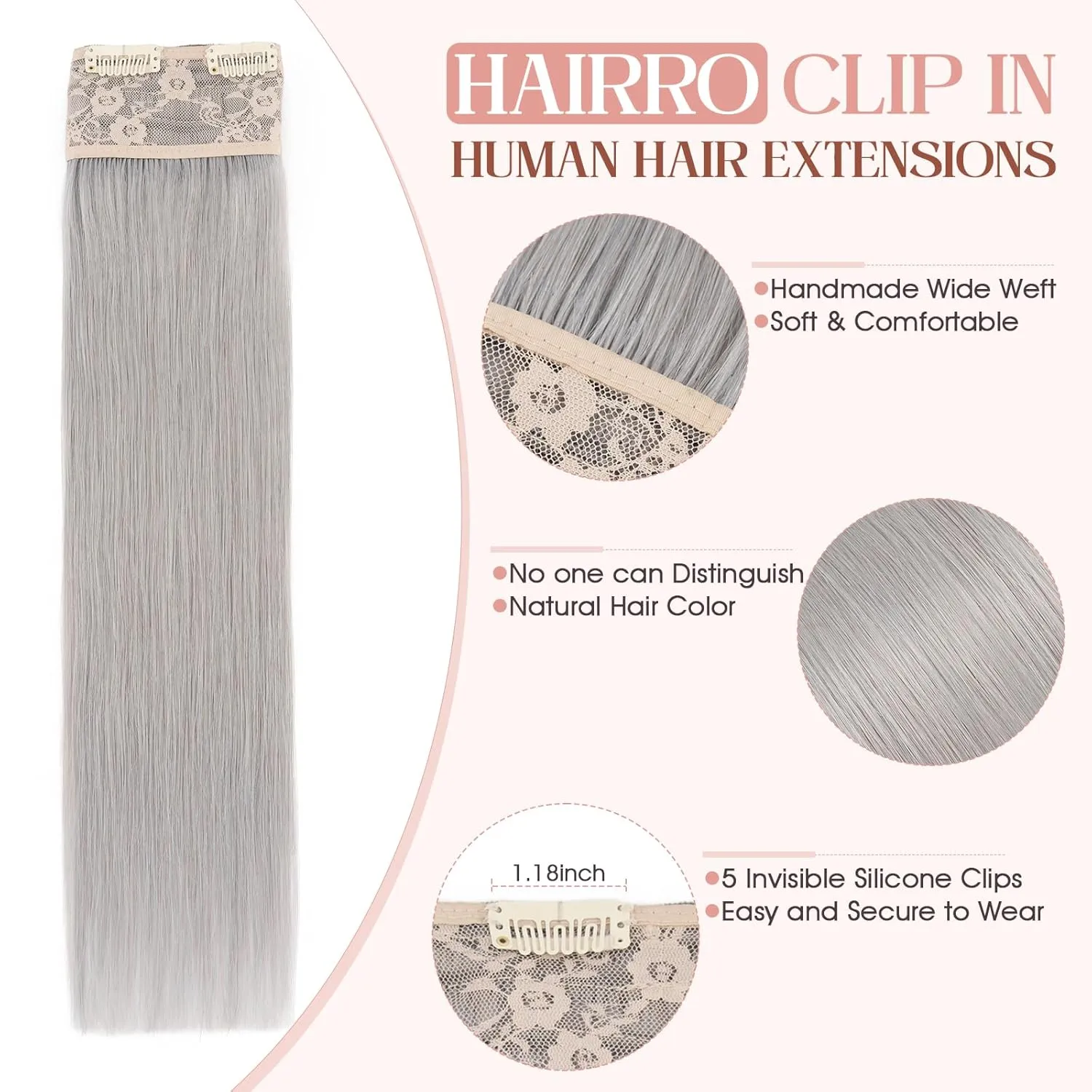 Hairro Clip in Hair Extensions Real Human Hair, 8 Inch 40g Standard Weft Invisible Clips on Hairpieces Soft Silky Straight Hair for Women Adding Length, Grey