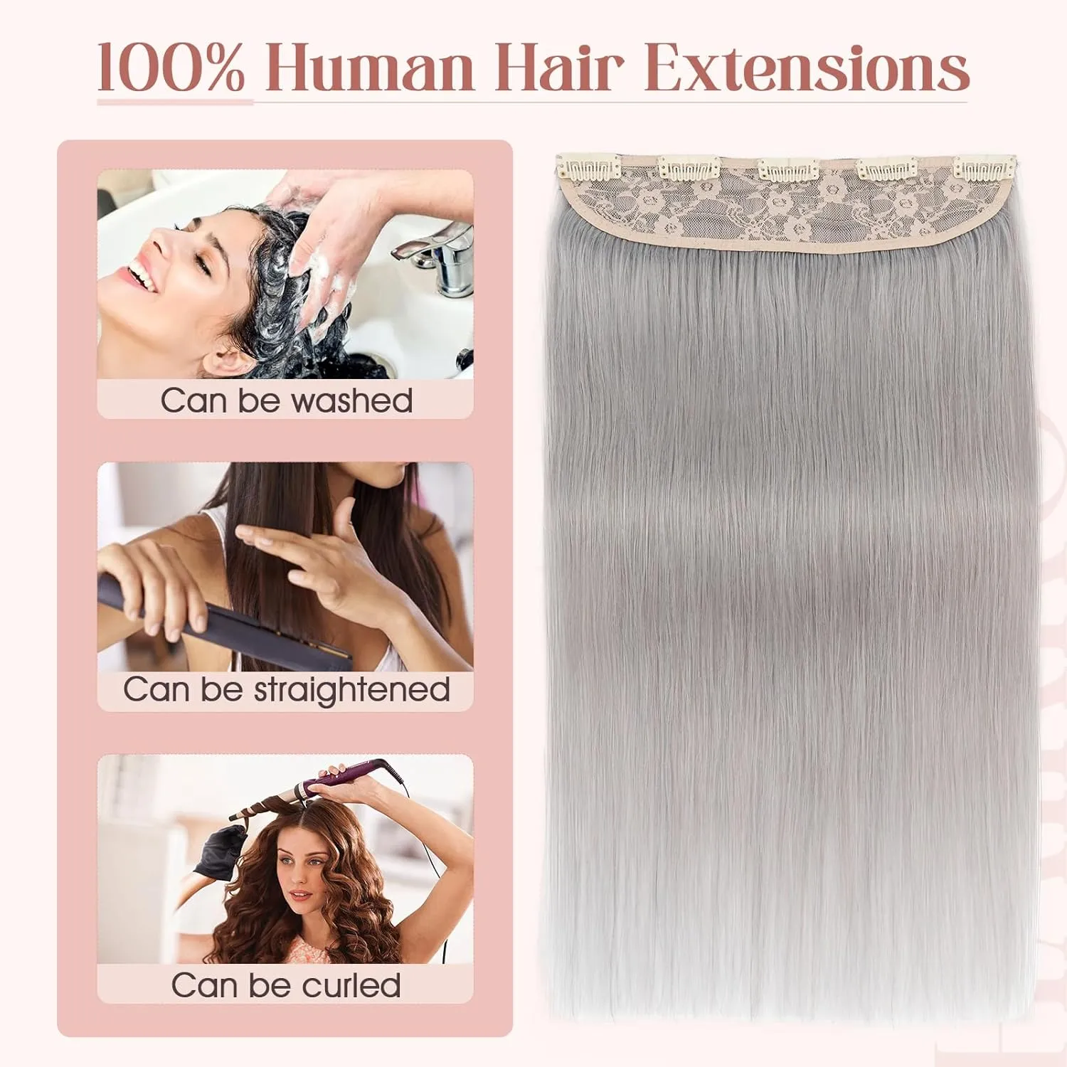 Hairro Clip in Hair Extensions Real Human Hair, 8 Inch 40g Standard Weft Invisible Clips on Hairpieces Soft Silky Straight Hair for Women Adding Length, Grey