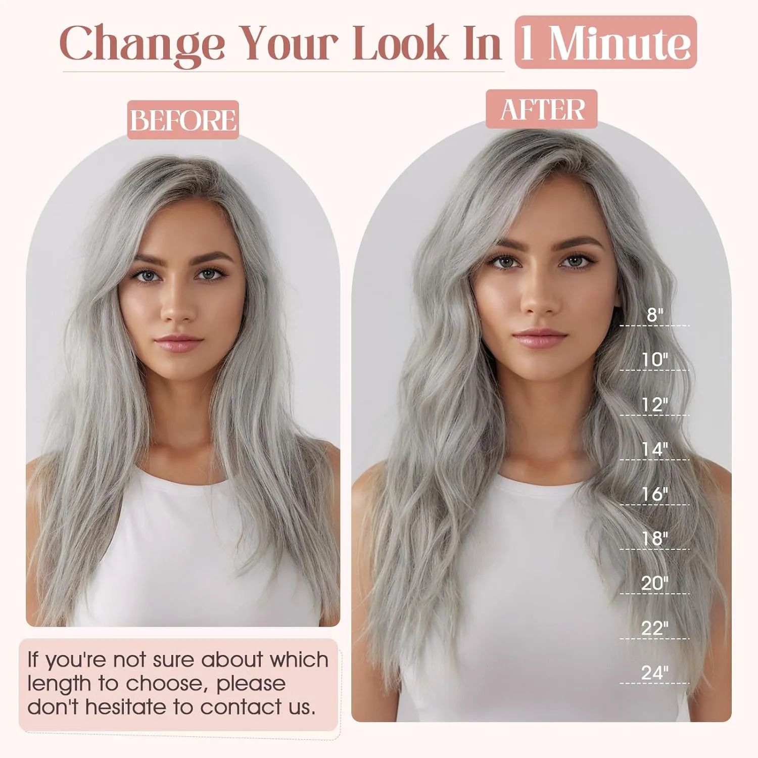 Hairro Clip in Hair Extensions Real Human Hair, 8 Inch 40g Standard Weft Invisible Clips on Hairpieces Soft Silky Straight Hair for Women Adding Length, Grey