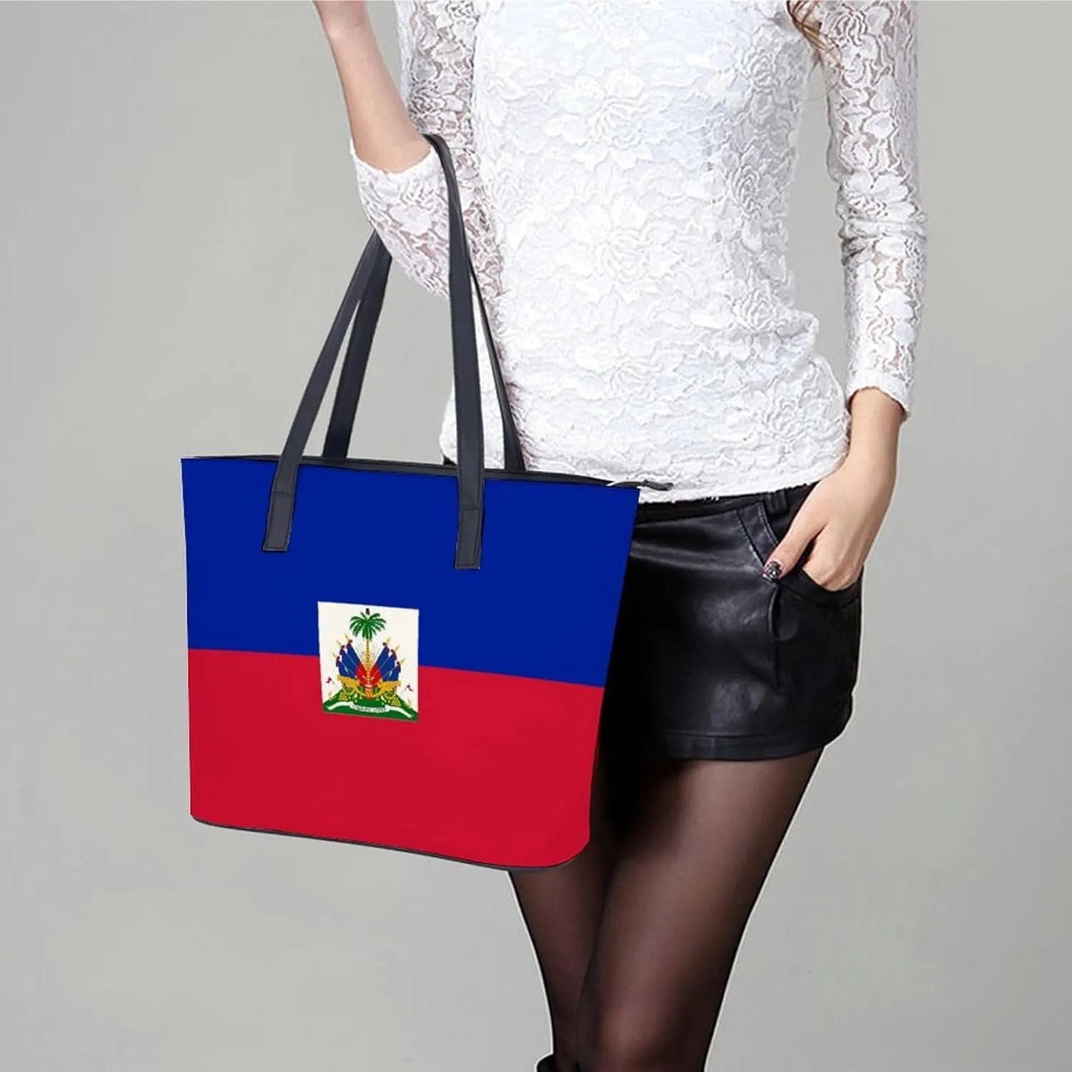 Haiti Flag Leather Handbag Women Large Tote Bag with Zipper Perfect for Work