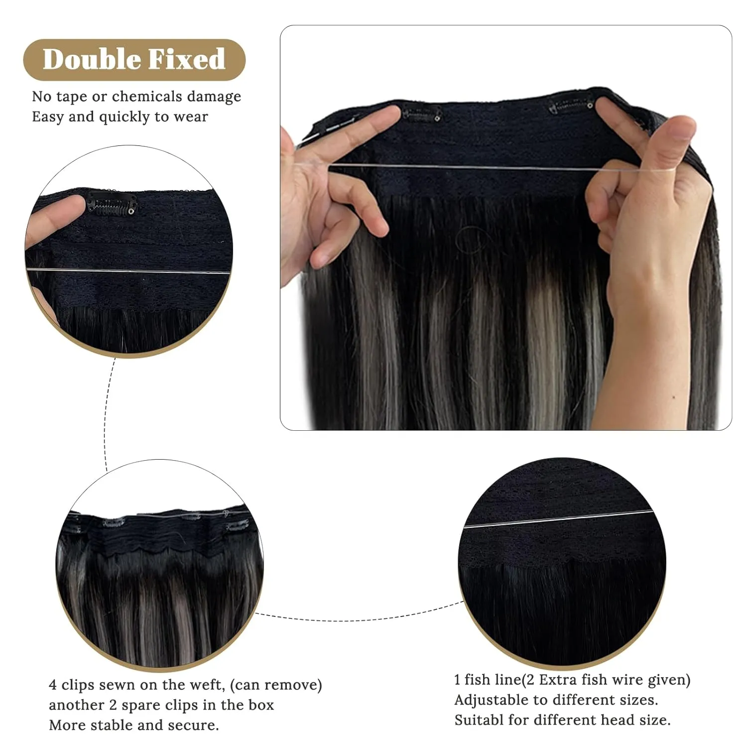 Halos Hair Extensions Natural Black Highlights Grey Fish Line Hair Extensions Human Hair Ombre Colored 1BGrey Highlight Invisible Wire Extensions Human Hair for Women 18Inch 80G