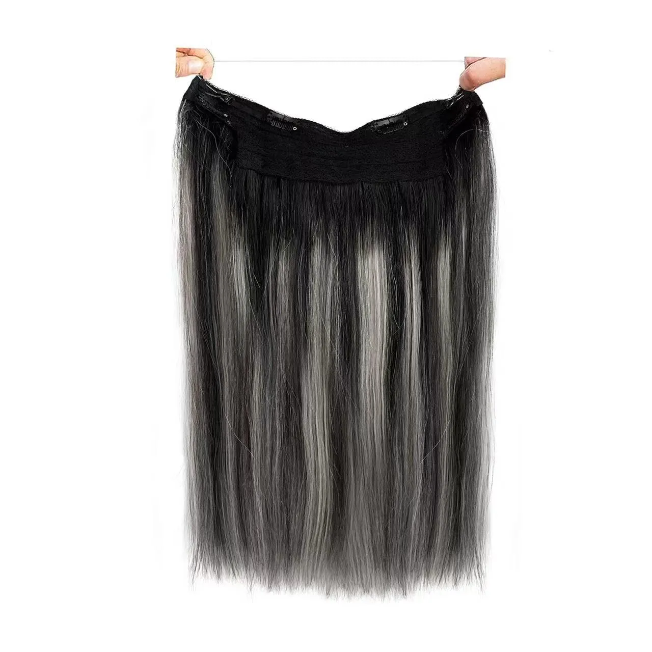 Halos Hair Extensions Natural Black Highlights Grey Fish Line Hair Extensions Human Hair Ombre Colored 1BGrey Highlight Invisible Wire Extensions Human Hair for Women 18Inch 80G