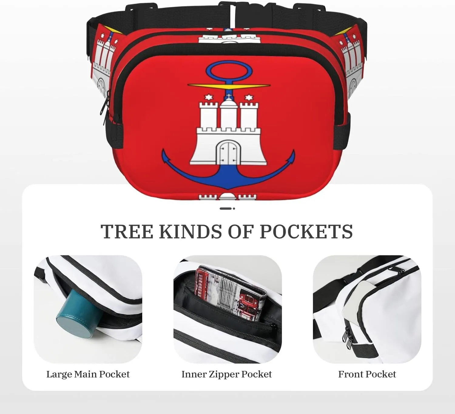 Hamburg Flag Square double - layer fanny pack with adjustable shoulder strap - travelling fanny pack - perfect for outdoor sports