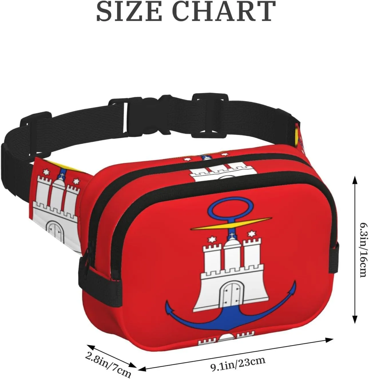 Hamburg Flag Square double - layer fanny pack with adjustable shoulder strap - travelling fanny pack - perfect for outdoor sports