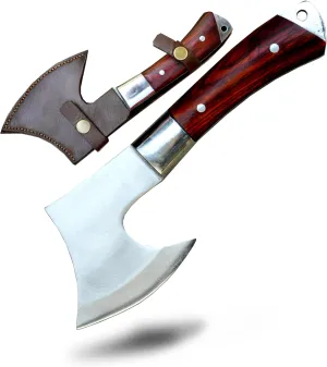 Hand-Forged Tomahawk Axe | 12-Inch Hunting & Camping Hatchet | High-Carbon Steel Blade | Full-Tang, Water-Tempered, Razor-Sharp | Rosewood Handle with Leather Sheath