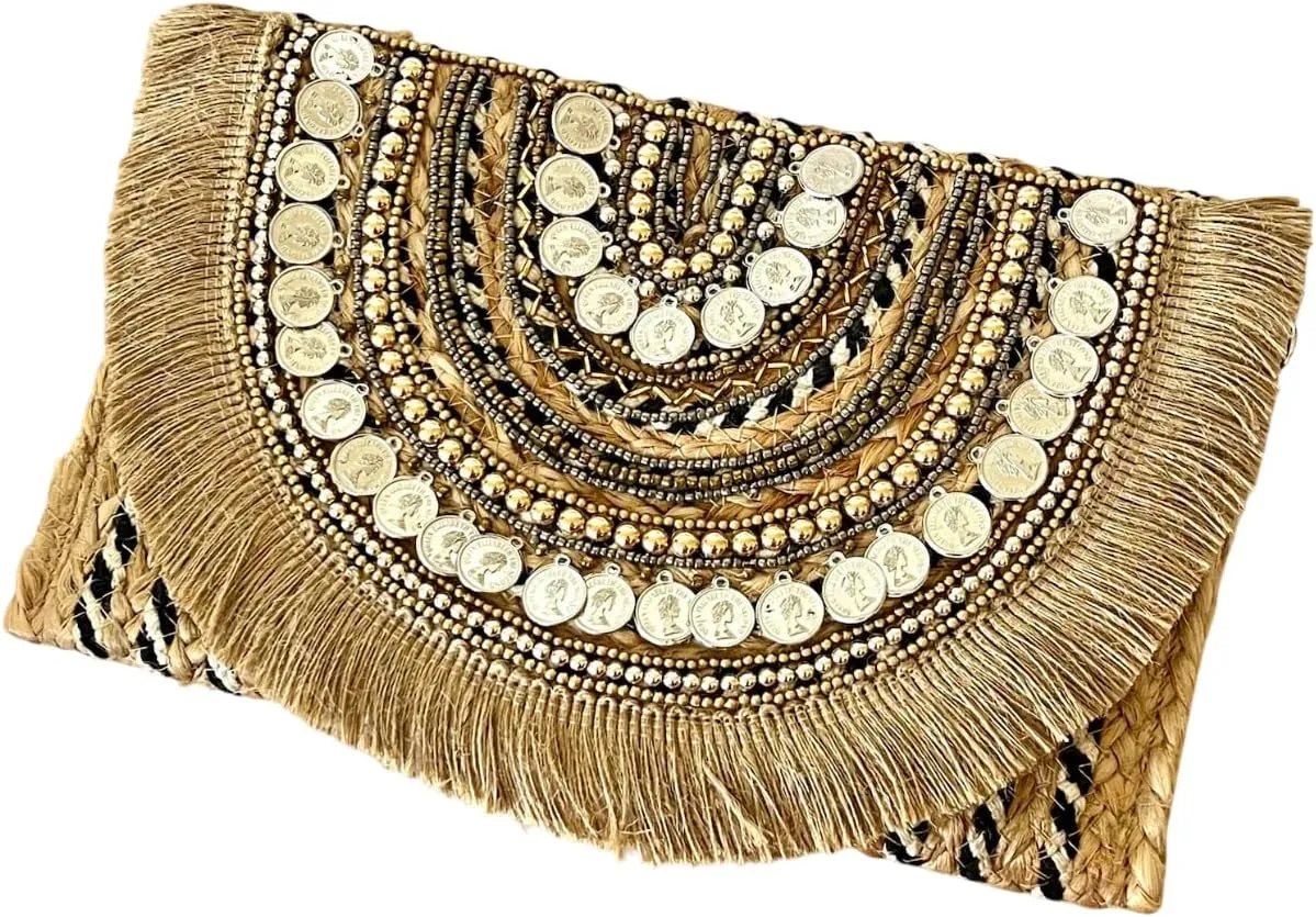 Handmade Gold Boho Clutch Purse – Beaded Ethnic Crossbody Bag with Coin Fringe | Designer Festival Shoulder Bag for Women, Small Evening Party Purse