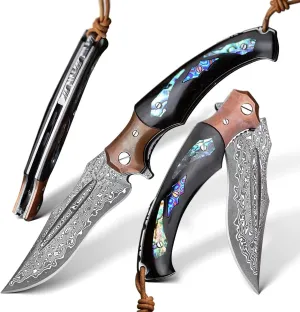 handmade japanese vg10 damascus steel folding knife with ebony lined lock handle, 5.5 "with leather sheath, edc pocket knife, men's outdoor camping fishing