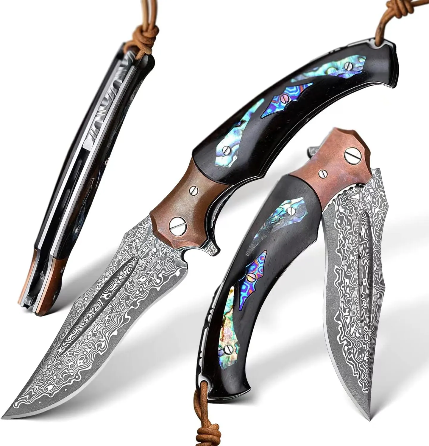 handmade japanese vg10 damascus steel folding knife with ebony lined lock handle, 5.5 "with leather sheath, edc pocket knife, men's outdoor camping fishing