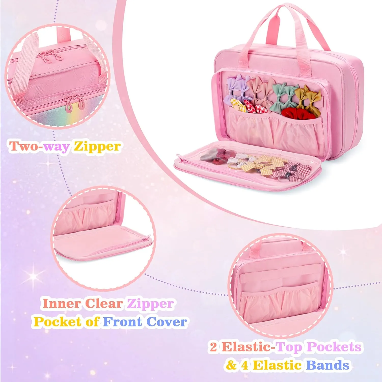 Hanging Hair Accessories Organizer for Baby Girls, Hair Bow Storage Bag, Travel Hair Stuff Case for Hair Clips, Hair Ties, Headbands, Scrunchies, Pink (Bag only)