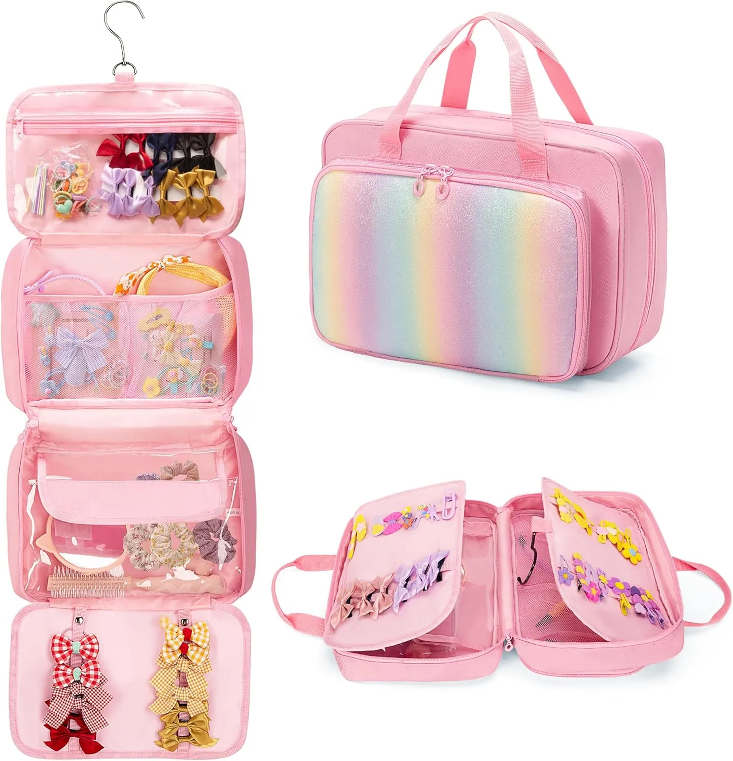 Hanging Hair Accessories Organizer for Baby Girls, Hair Bow Storage Bag, Travel Hair Stuff Case for Hair Clips, Hair Ties, Headbands, Scrunchies, Pink (Bag only)