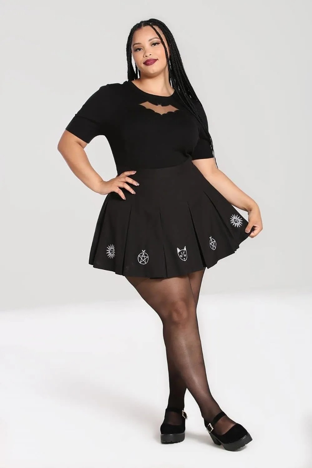 Hell Bunny Dawn Witchy Kitty Sun Moon and Stars Wicca Mini Skirt