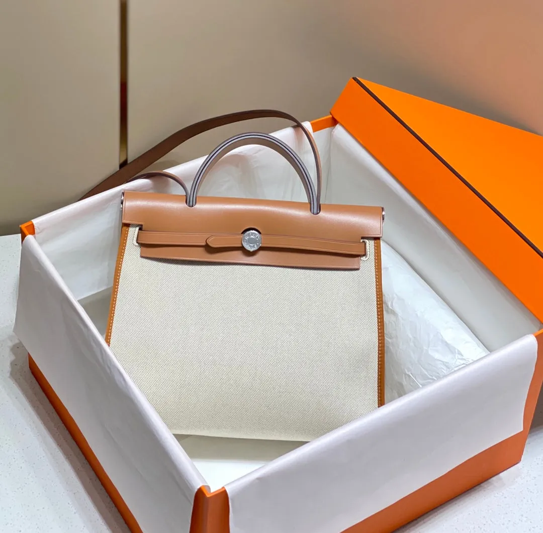 Herbag 31 Toile White Canvas Gold Cowhide Leather