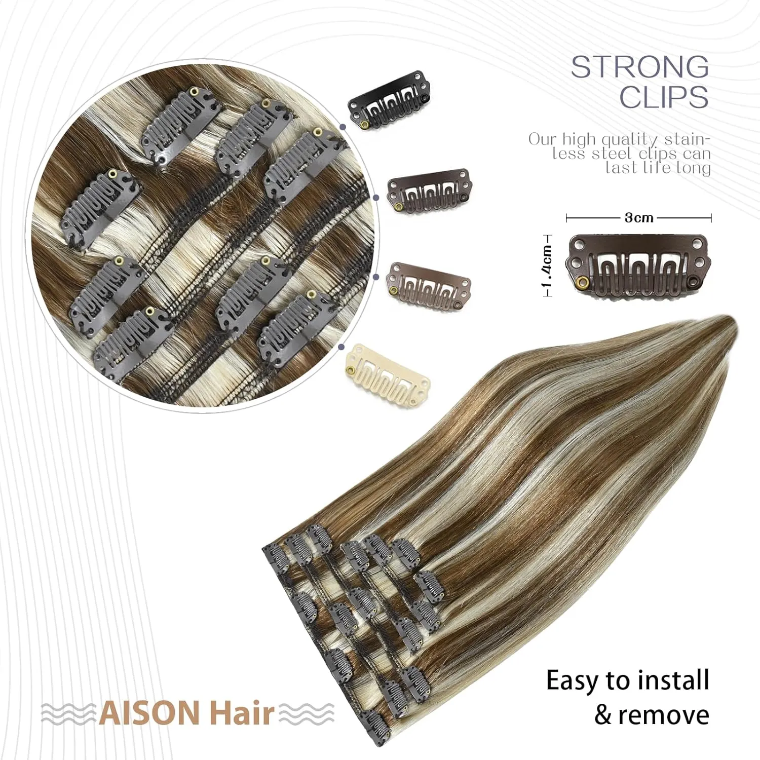 Highlight Clip in Hair Extensions Real Human Hair 70G Light Brown to Blonde Highlights 100% Remy Human Hair Extensions Straight 7pcs 16clips 18 Inch