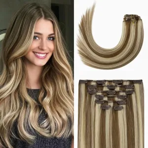 Highlight Clip in Hair Extensions Real Human Hair 70G Light Brown to Blonde Highlights 100% Remy Human Hair Extensions Straight 7pcs 16clips 18 Inch