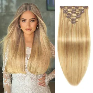 Highlight Clip in Hair Extensions Real Human Hair Straight 22 Inch Light Brown Mixed Bleach Blonde 7pcs 120g Clip ins Extensions Brazilian Remy Human Hair 16 Clips Double Weft Human Hair For Women