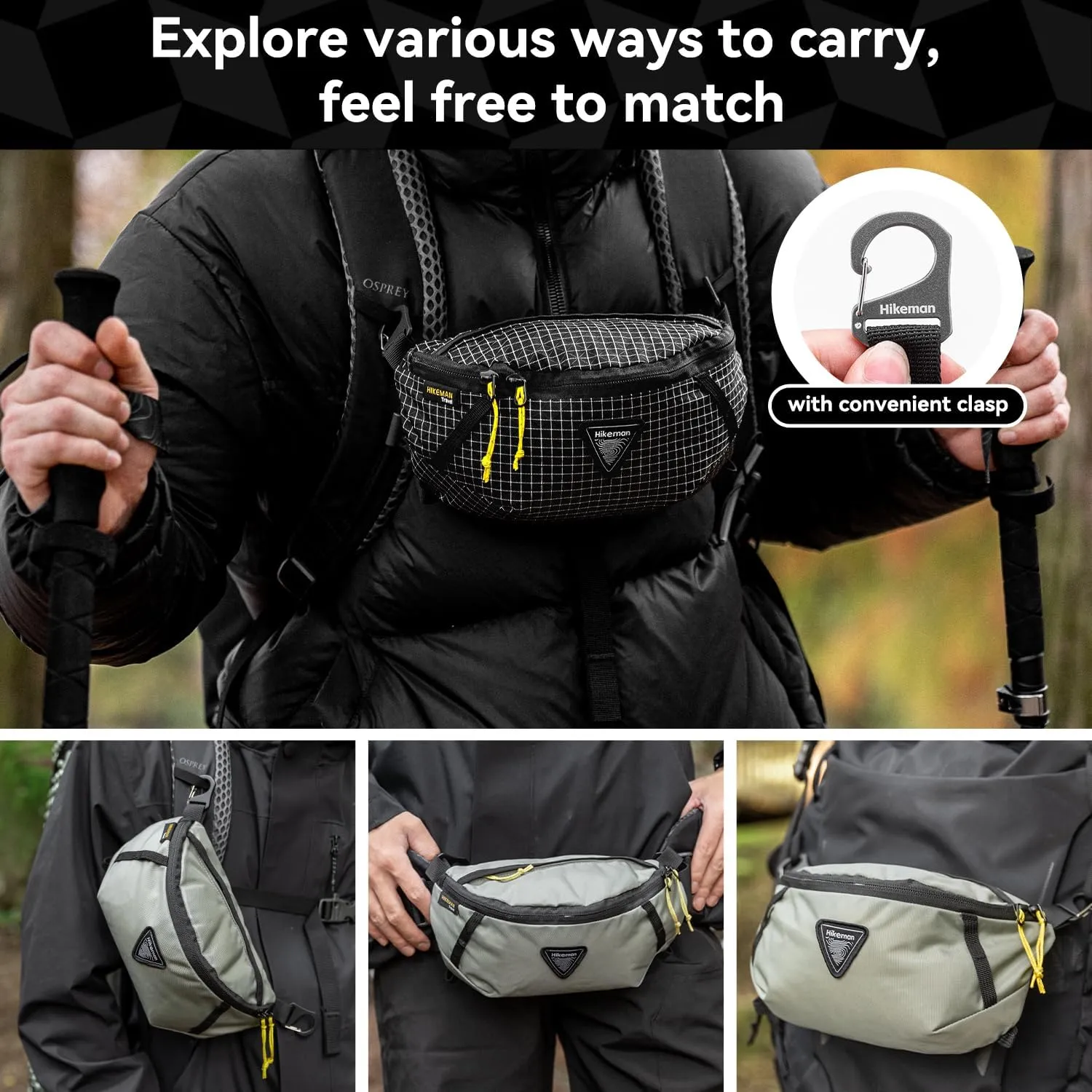 HIKEMAN Crossbody Fanny Pack for Men Hiking Waist Packs Multifunctional Outddoor Chest Bag Attached to Any Backpack Carry Fanny Pack for Walking Traveling Casual Cycling Running Hiking (Black)