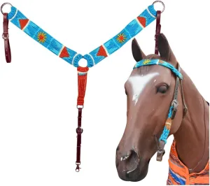 HILASON Cactus Western Wool Headstall & Breast Collar Tack Set Turquoise & White | Leather Headstall | Leather Breast Collar | Tack Set for Horses