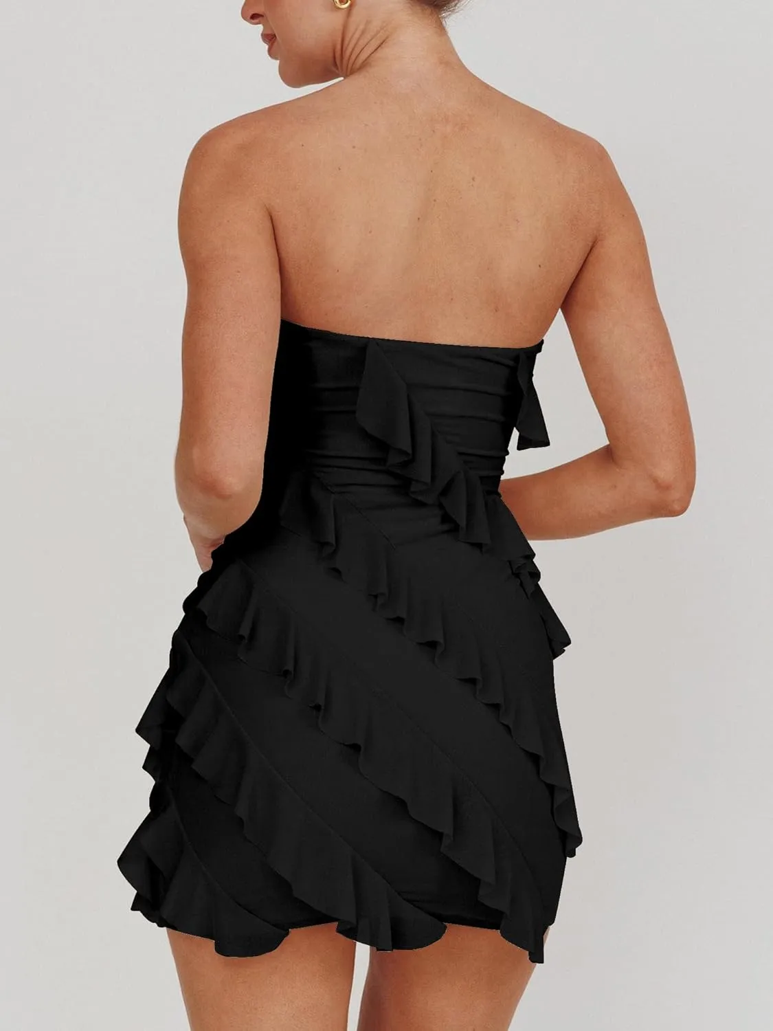 HOCILLE Women's Sexy Strapless Tube Top Bodycon Sleeveless Ruffle Mini Party Dress
