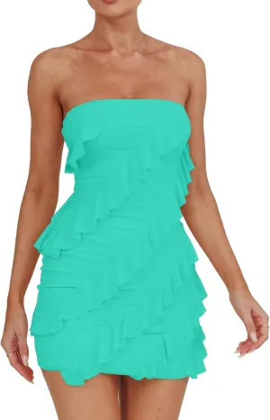 HOCILLE Women's Sexy Strapless Tube Top Bodycon Sleeveless Ruffle Mini Party Dress