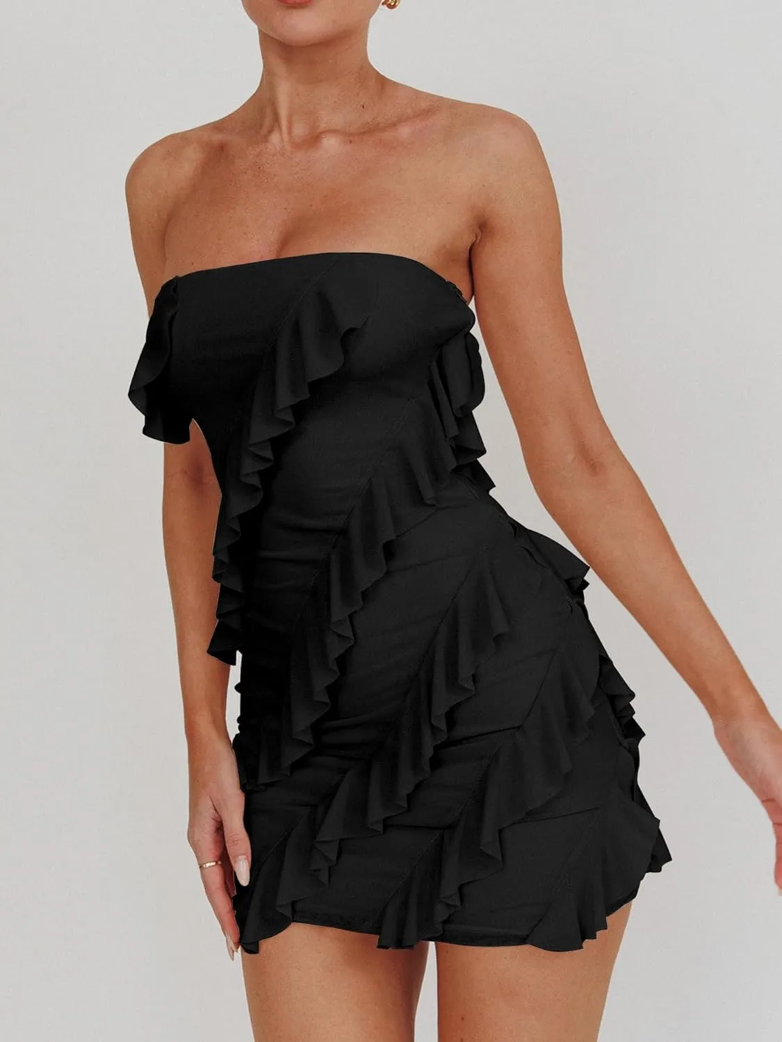 HOCILLE Women's Sexy Strapless Tube Top Bodycon Sleeveless Ruffle Mini Party Dress