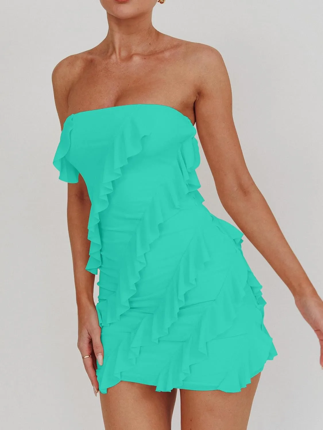 HOCILLE Women's Sexy Strapless Tube Top Bodycon Sleeveless Ruffle Mini Party Dress