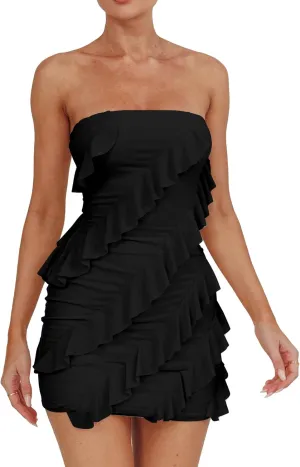 HOCILLE Women's Sexy Strapless Tube Top Bodycon Sleeveless Ruffle Mini Party Dress