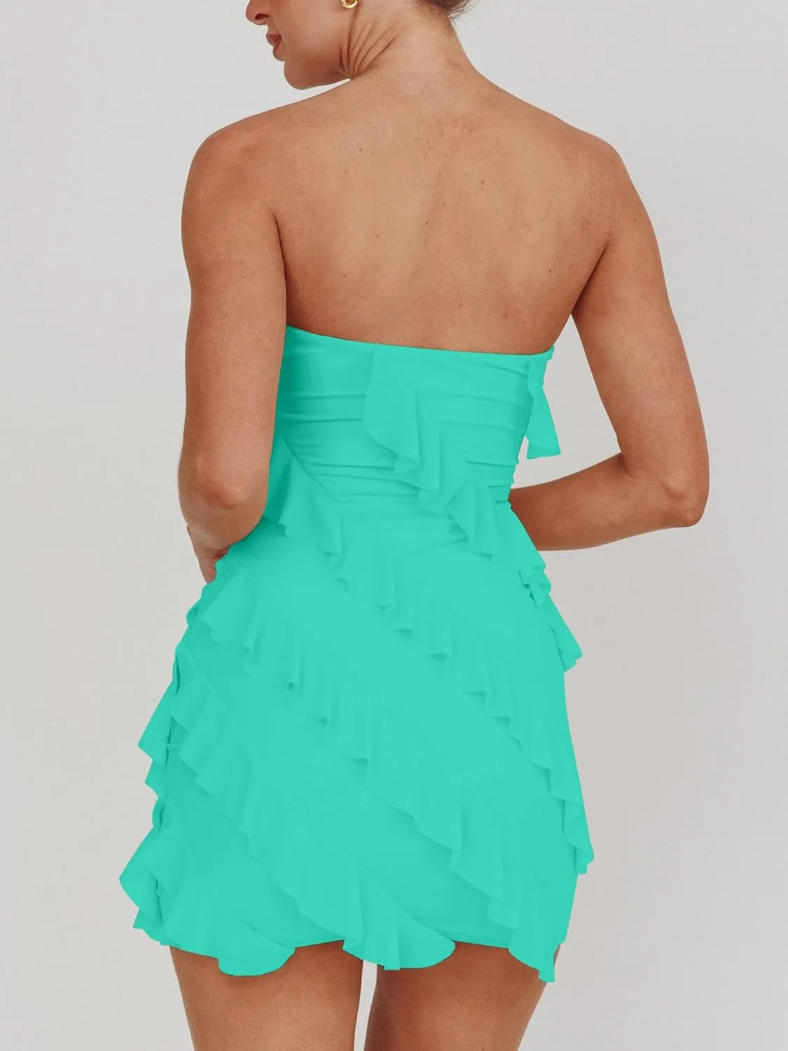 HOCILLE Women's Sexy Strapless Tube Top Bodycon Sleeveless Ruffle Mini Party Dress