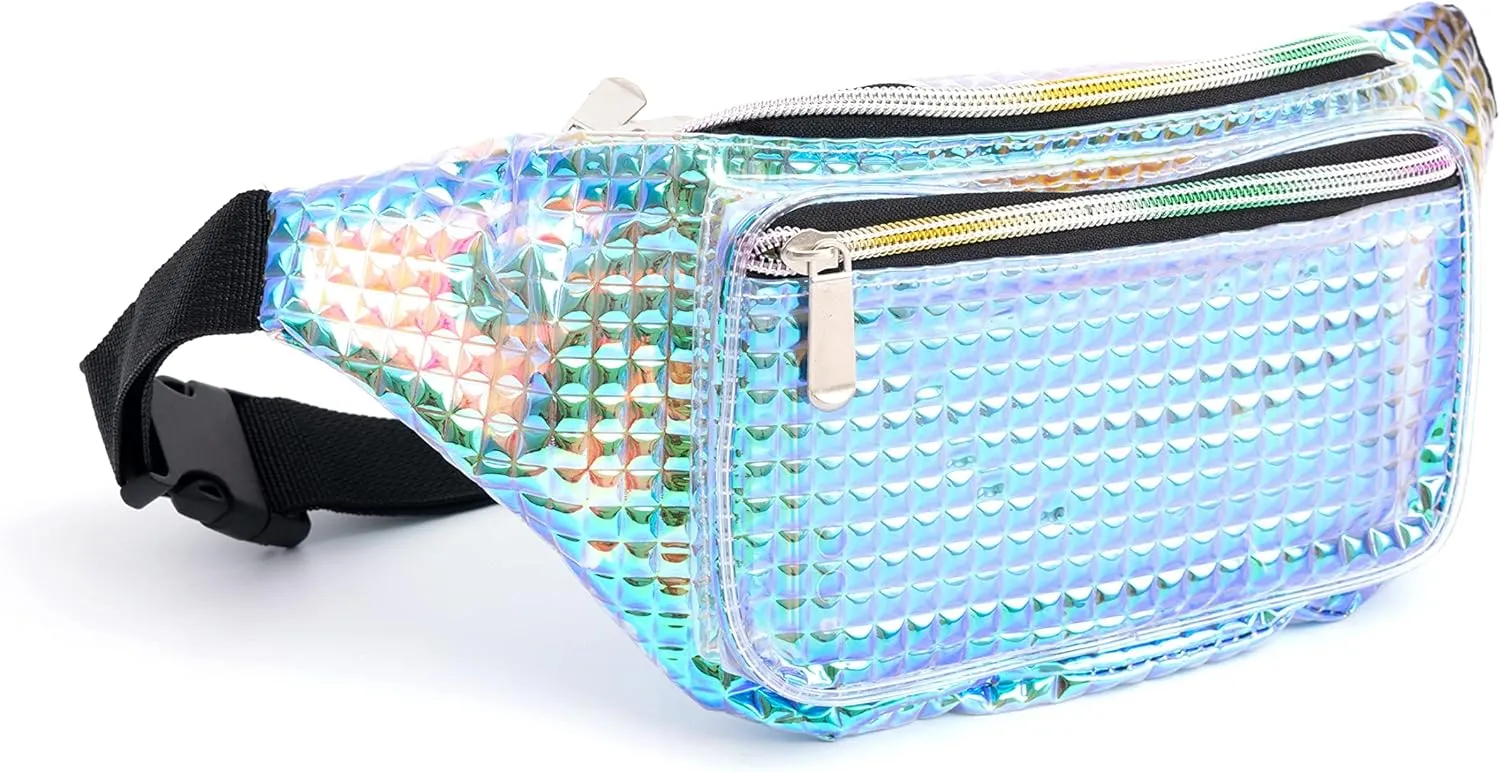 Holographic 80s 90S Rave Stars Neon Transparent Gravel Fanny Pack for Women - Great Waist Pack for Games, Concerts, Rave, Festival, Travel