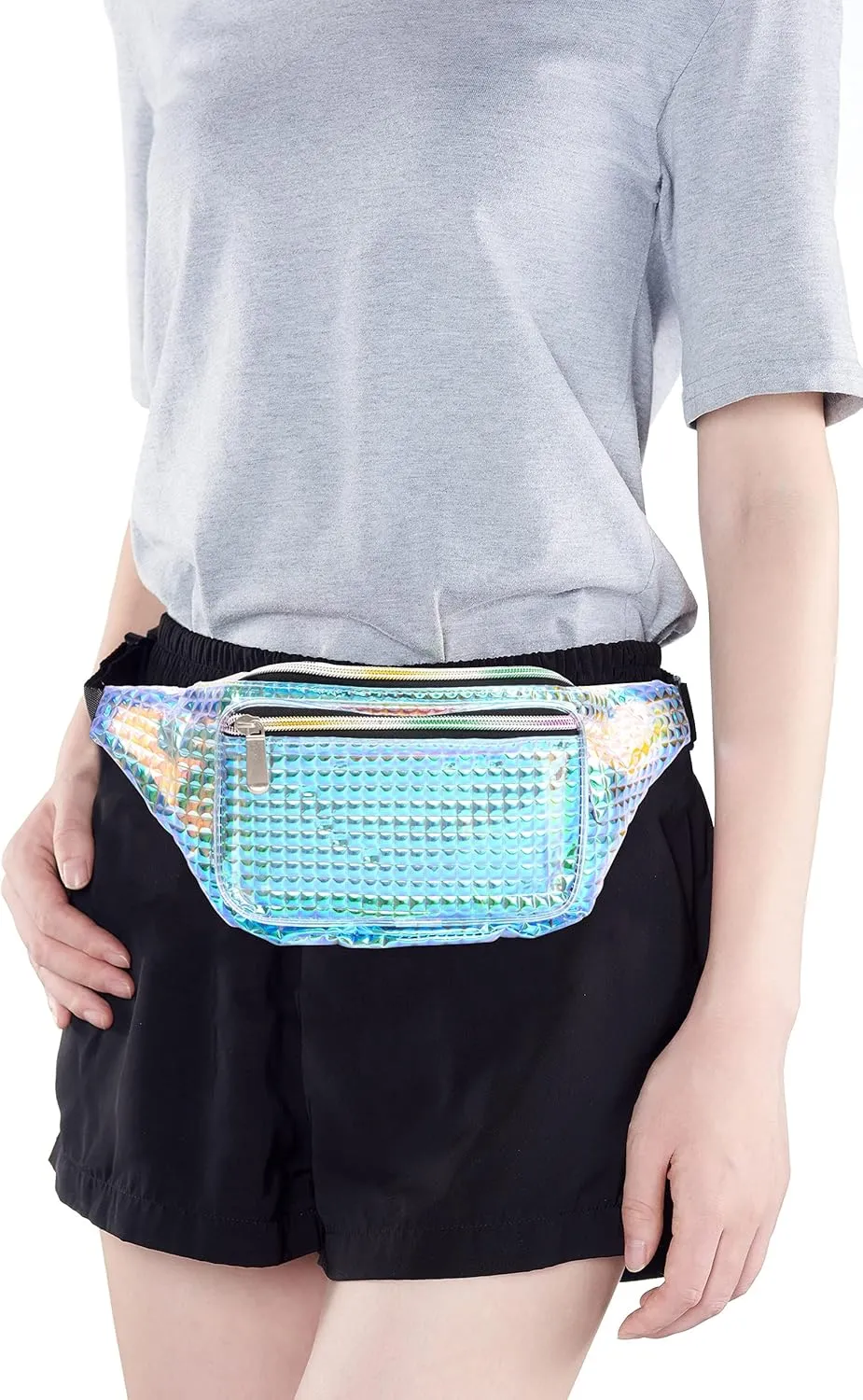Holographic 80s 90S Rave Stars Neon Transparent Gravel Fanny Pack for Women - Great Waist Pack for Games, Concerts, Rave, Festival, Travel