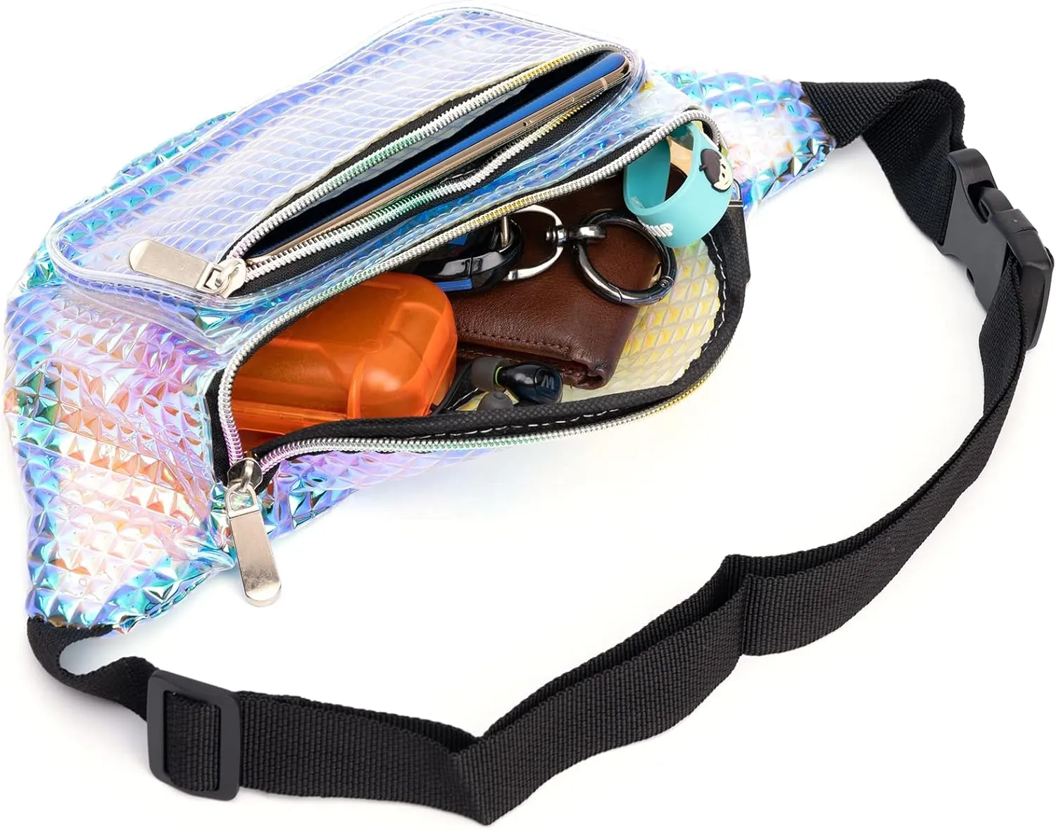 Holographic 80s 90S Rave Stars Neon Transparent Gravel Fanny Pack for Women - Great Waist Pack for Games, Concerts, Rave, Festival, Travel