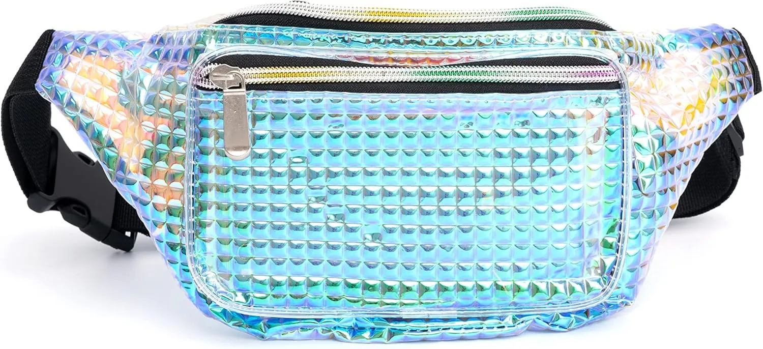 Holographic 80s 90S Rave Stars Neon Transparent Gravel Fanny Pack for Women - Great Waist Pack for Games, Concerts, Rave, Festival, Travel