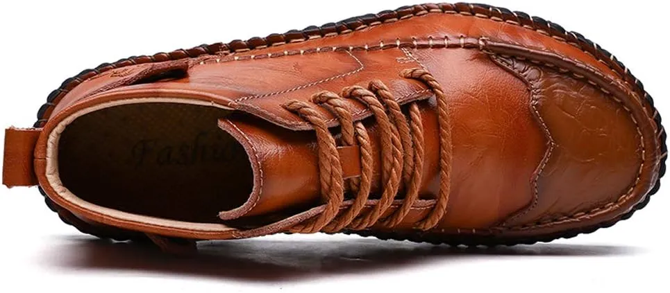 Honeystore Men's Lace-up Booties British Boots High-top Leather Motorcycle Shoes