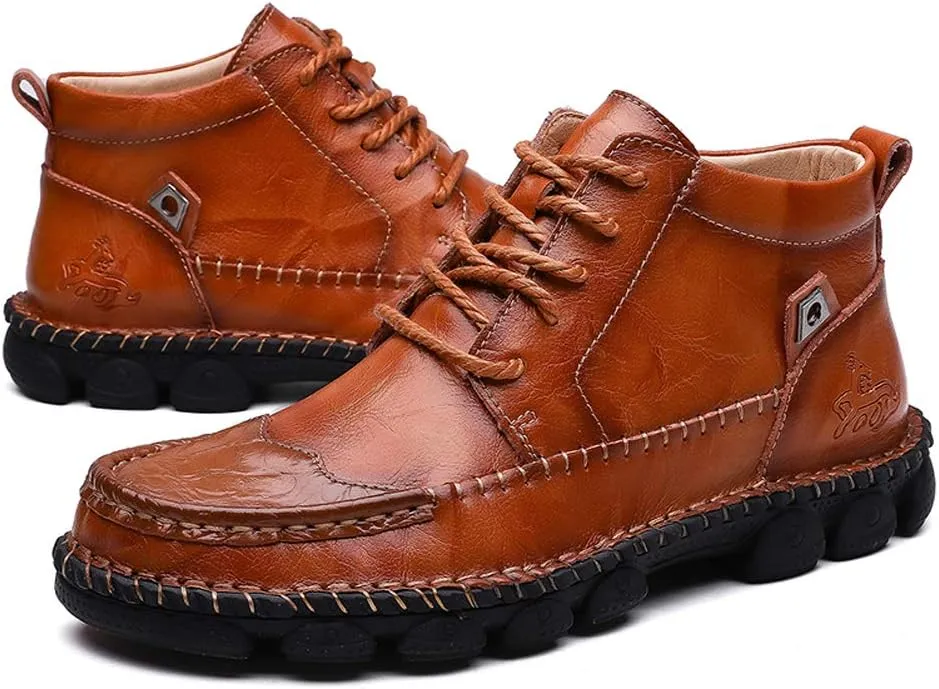 Honeystore Men's Lace-up Booties British Boots High-top Leather Motorcycle Shoes
