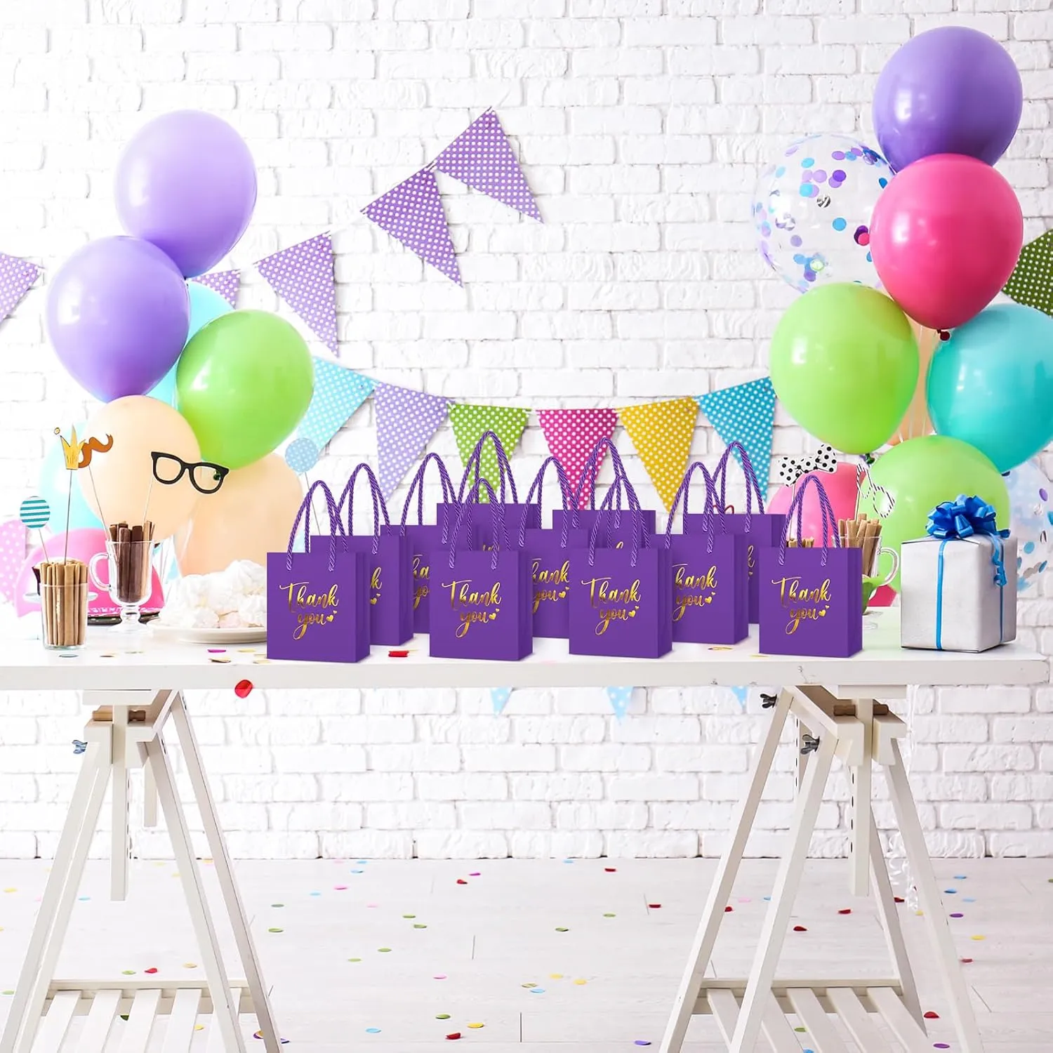 Honoson 30 Pcs Mini Gift Bag with Handle 4 x 2.75 x 4.5'' Small Thank You Paper Bag for Wedding Baby Shower Birthday Graduation Thanksgiving Party Favor Supplies(Purple/Gold)