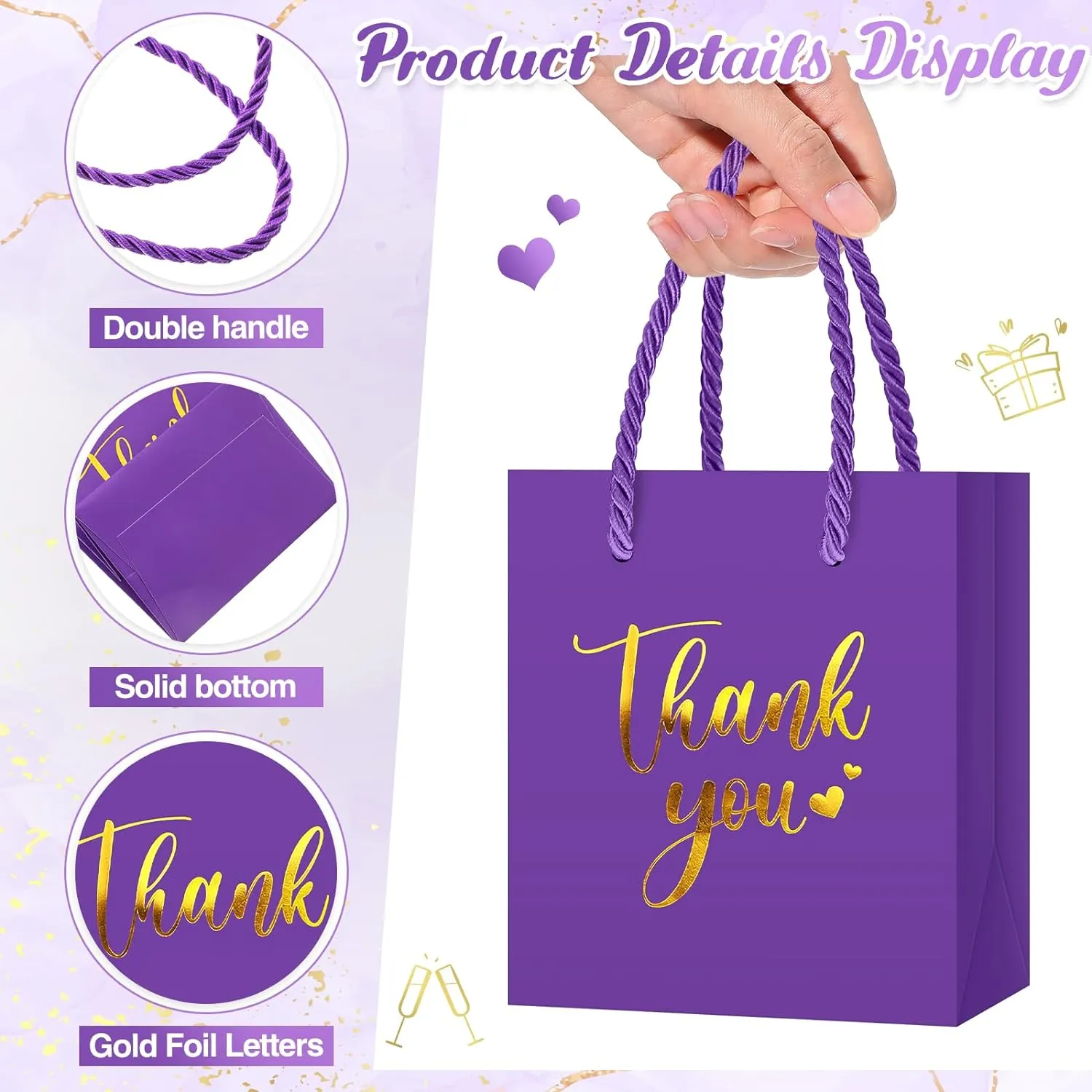 Honoson 30 Pcs Mini Gift Bag with Handle 4 x 2.75 x 4.5'' Small Thank You Paper Bag for Wedding Baby Shower Birthday Graduation Thanksgiving Party Favor Supplies(Purple/Gold)