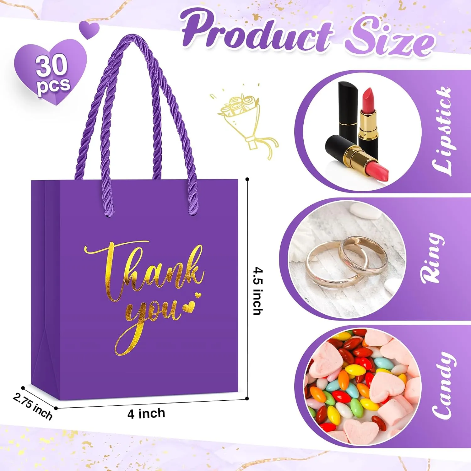 Honoson 30 Pcs Mini Gift Bag with Handle 4 x 2.75 x 4.5'' Small Thank You Paper Bag for Wedding Baby Shower Birthday Graduation Thanksgiving Party Favor Supplies(Purple/Gold)