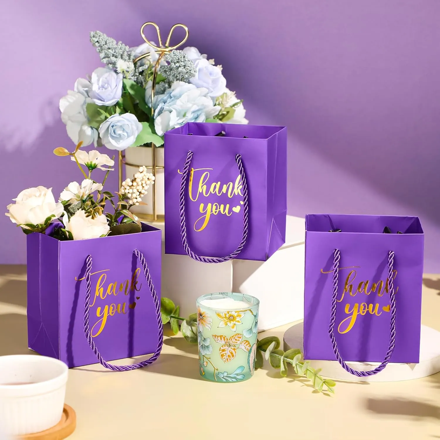 Honoson 30 Pcs Mini Gift Bag with Handle 4 x 2.75 x 4.5'' Small Thank You Paper Bag for Wedding Baby Shower Birthday Graduation Thanksgiving Party Favor Supplies(Purple/Gold)