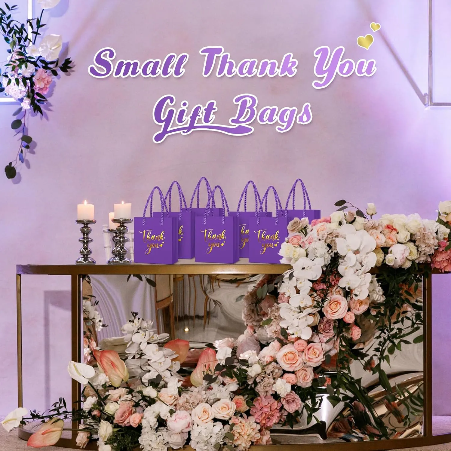 Honoson 30 Pcs Mini Gift Bag with Handle 4 x 2.75 x 4.5'' Small Thank You Paper Bag for Wedding Baby Shower Birthday Graduation Thanksgiving Party Favor Supplies(Purple/Gold)