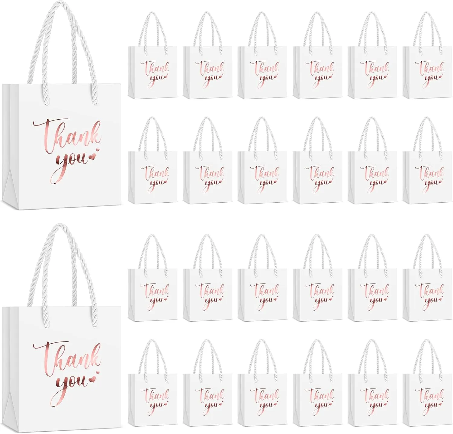 Honoson 30 Pcs Mini Gift Bag with Handle 4 x 2.75 x 4.5'' Small Thank You Paper Bag for Wedding Baby Shower Birthday Graduation Thanksgiving Party Favor Supplies(White/Rose Gold)