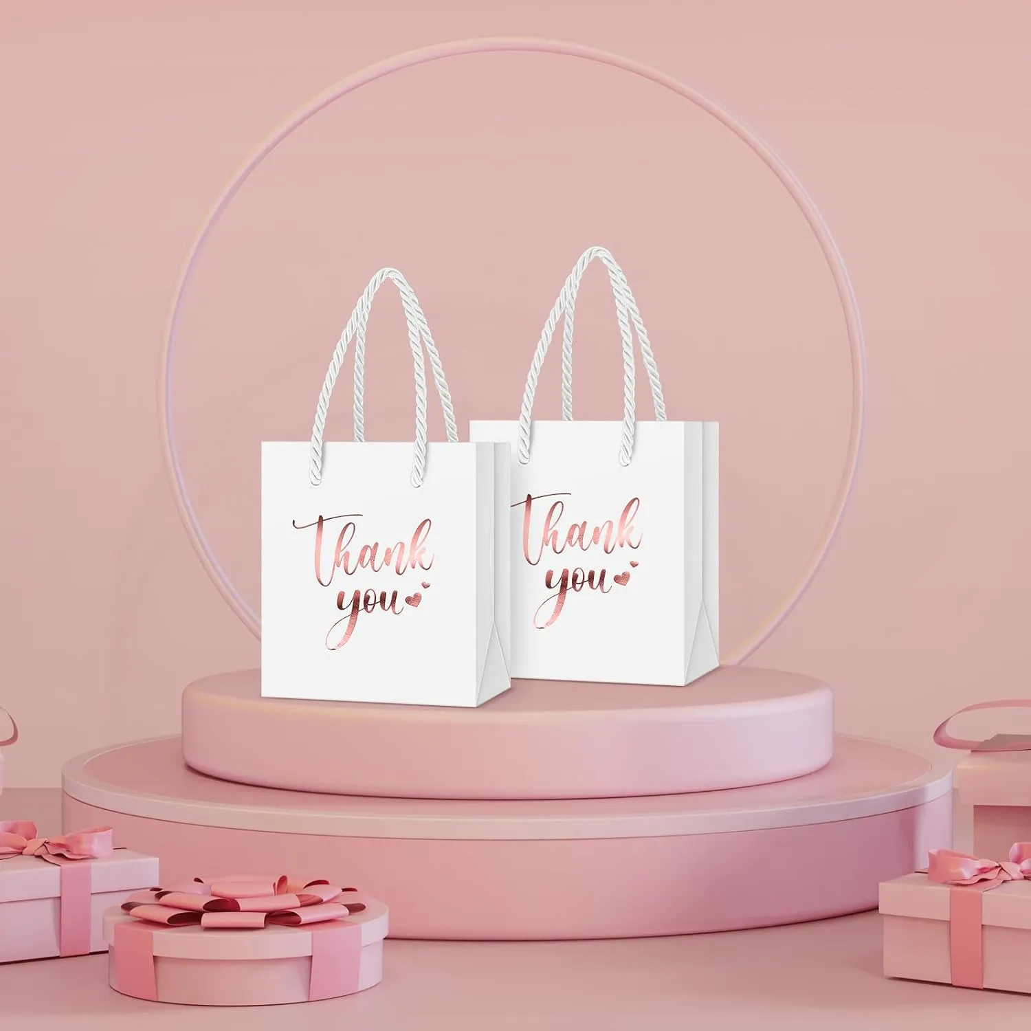 Honoson 30 Pcs Mini Gift Bag with Handle 4 x 2.75 x 4.5'' Small Thank You Paper Bag for Wedding Baby Shower Birthday Graduation Thanksgiving Party Favor Supplies(White/Rose Gold)