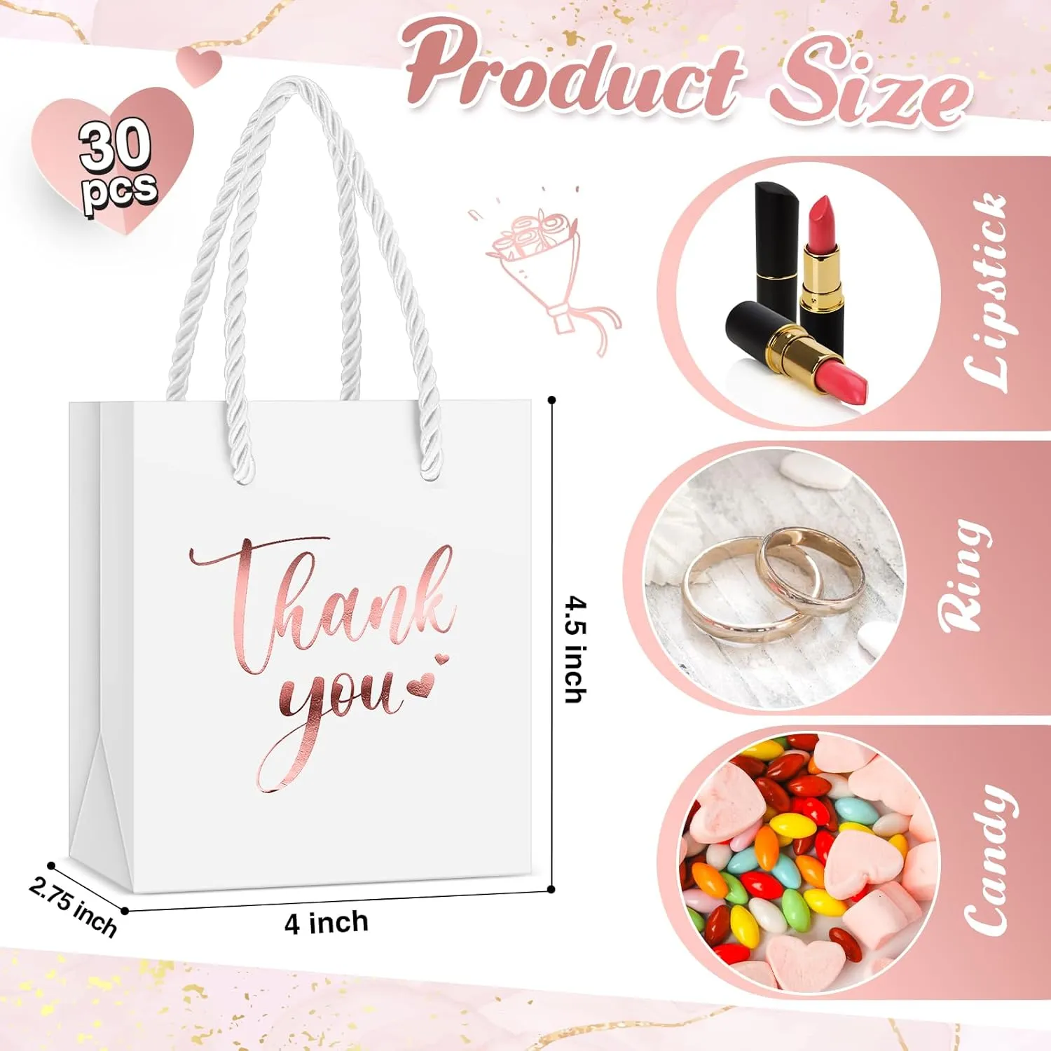 Honoson 30 Pcs Mini Gift Bag with Handle 4 x 2.75 x 4.5'' Small Thank You Paper Bag for Wedding Baby Shower Birthday Graduation Thanksgiving Party Favor Supplies(White/Rose Gold)
