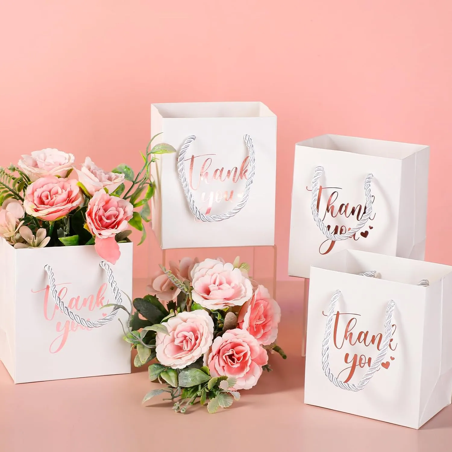 Honoson 30 Pcs Mini Gift Bag with Handle 4 x 2.75 x 4.5'' Small Thank You Paper Bag for Wedding Baby Shower Birthday Graduation Thanksgiving Party Favor Supplies(White/Rose Gold)