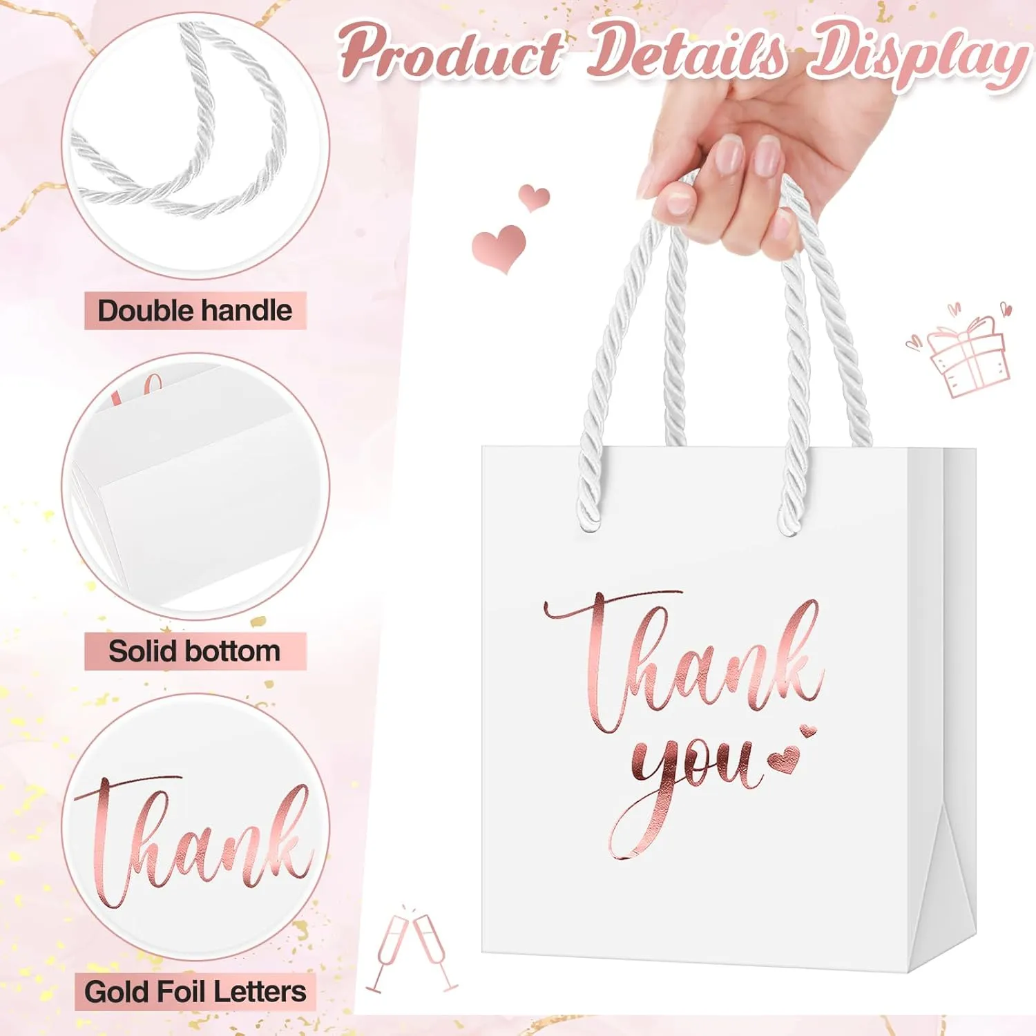 Honoson 30 Pcs Mini Gift Bag with Handle 4 x 2.75 x 4.5'' Small Thank You Paper Bag for Wedding Baby Shower Birthday Graduation Thanksgiving Party Favor Supplies(White/Rose Gold)