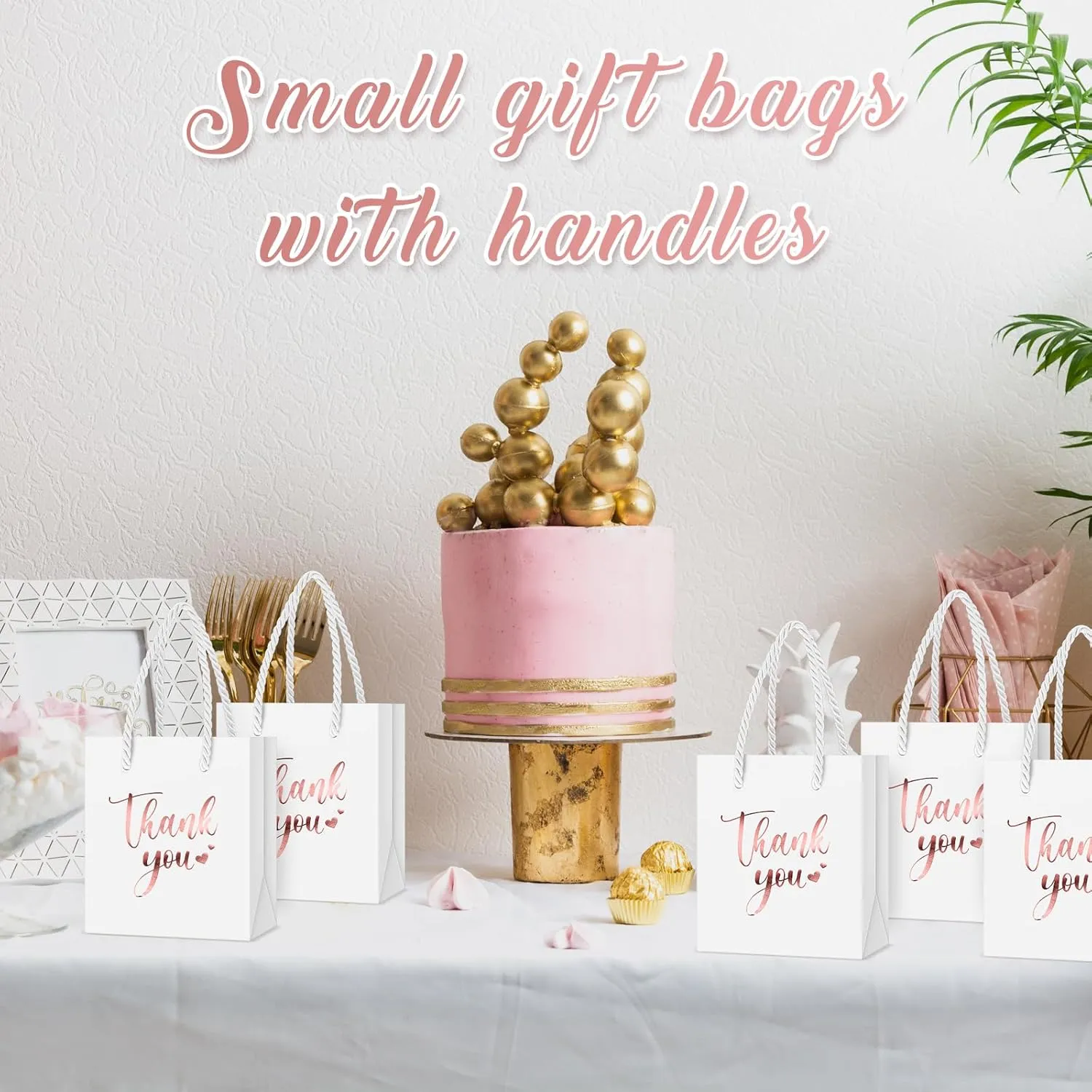 Honoson 30 Pcs Mini Gift Bag with Handle 4 x 2.75 x 4.5'' Small Thank You Paper Bag for Wedding Baby Shower Birthday Graduation Thanksgiving Party Favor Supplies(White/Rose Gold)