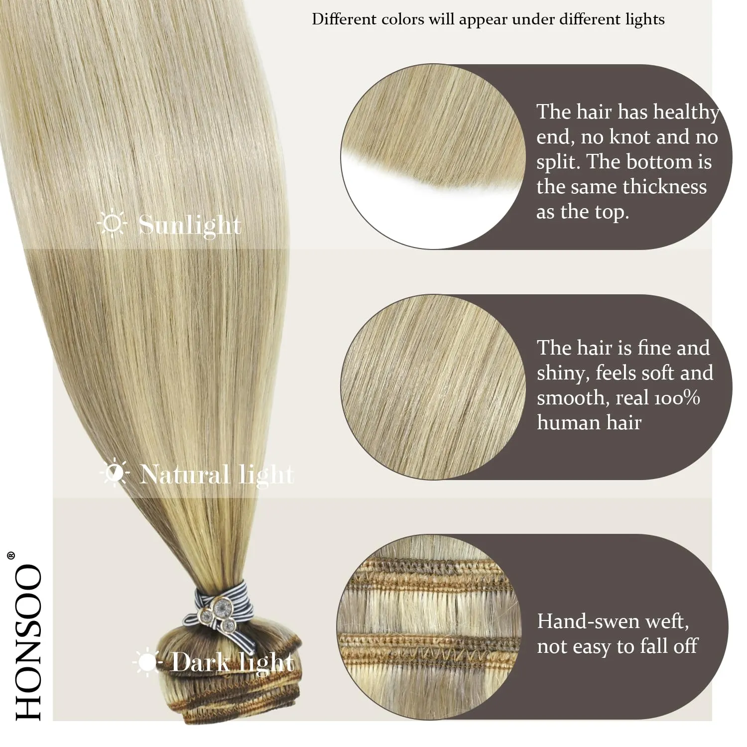 Honsoo Clip In Virgin Hair Extensions 18inch 70g 7pcs Mixed Bleach Blonde Real Human Hair Extensions Balayage Straight Silky Real Human Hair