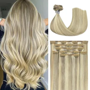 Honsoo Clip In Virgin Hair Extensions 18inch 70g 7pcs Mixed Bleach Blonde Real Human Hair Extensions Balayage Straight Silky Real Human Hair