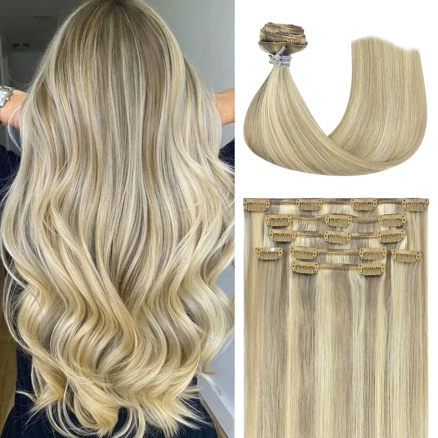 Honsoo Clip In Virgin Hair Extensions 18inch 70g 7pcs Mixed Bleach Blonde Real Human Hair Extensions Balayage Straight Silky Real Human Hair