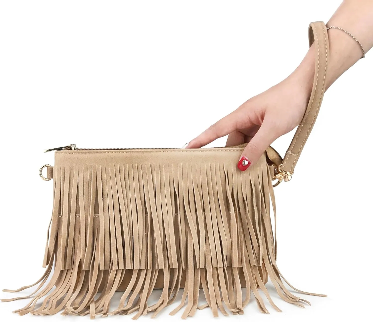 HOXIS Fringe Cross Body Bag Womens Small Shoulder Bag Top Zip Wristlet