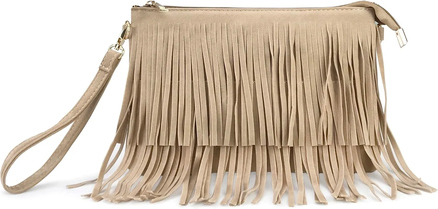 HOXIS Fringe Cross Body Bag Womens Small Shoulder Bag Top Zip Wristlet